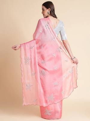 Pink pink & white floral mirror work embroidered organza saree 3