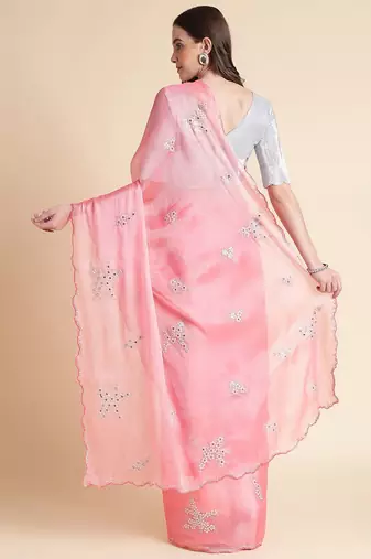 Pink pink & white floral mirror work embroidered organza saree