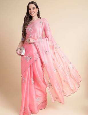Pink pink & white floral mirror work embroidered organza saree 4