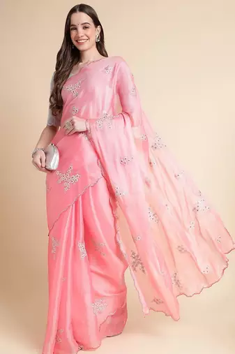 Pink pink & white floral mirror work embroidered organza saree