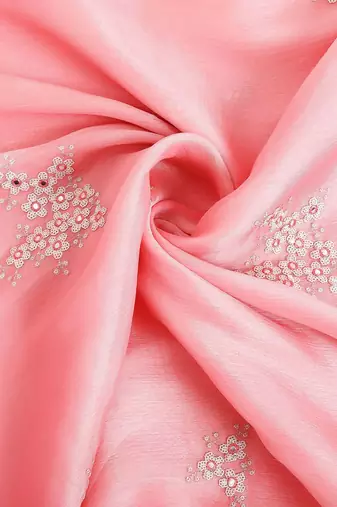 Pink pink & white floral mirror work embroidered organza saree