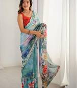 Sea green floral kutchi embroidery silk blend saree