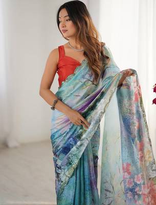 Sea green floral kutchi embroidery silk blend saree 2