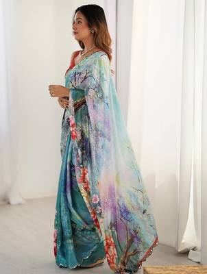 Sea green floral kutchi embroidery silk blend saree 3
