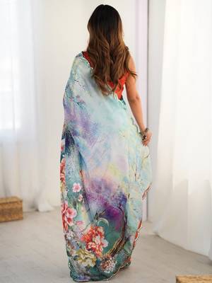 Sea green floral kutchi embroidery silk blend saree 4