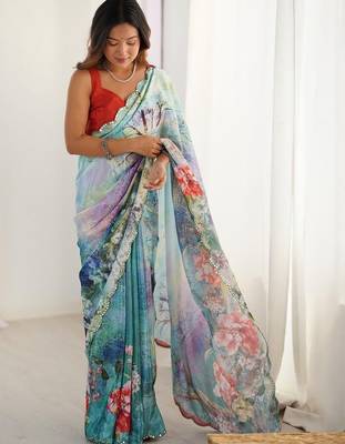 Sea green floral kutchi embroidery silk blend saree 5