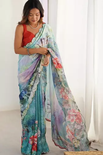 Sea green floral kutchi embroidery silk blend saree