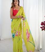 Green floral kutchi embroidery silk blend saree