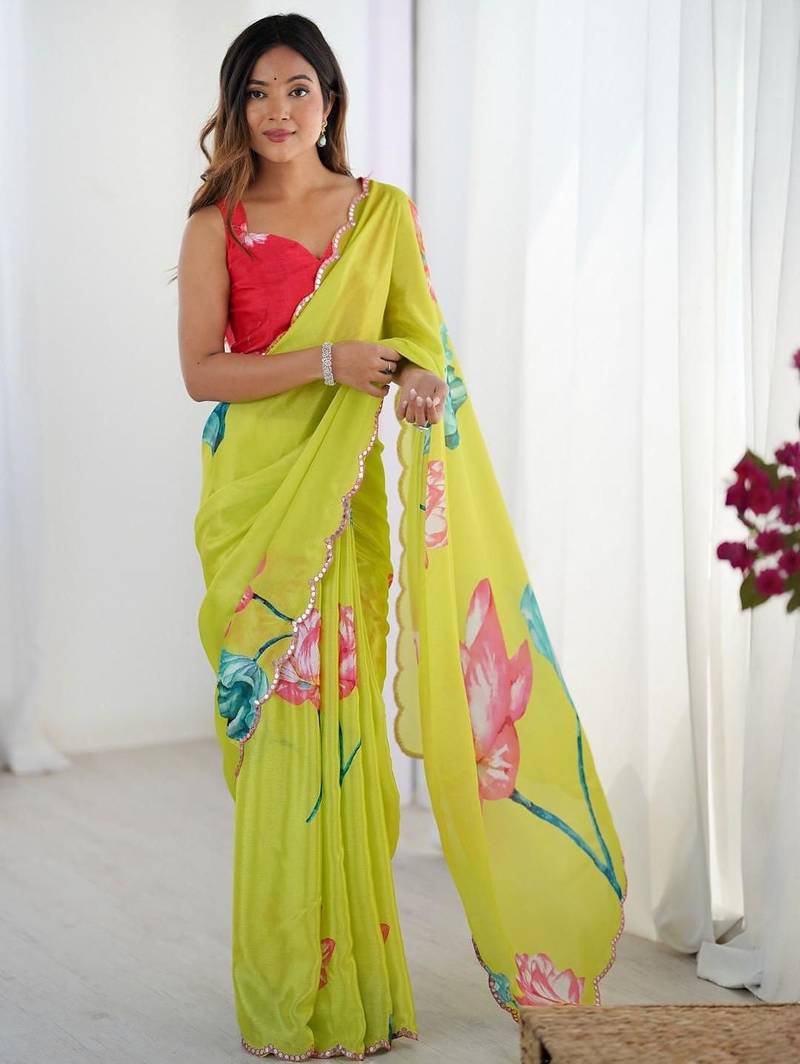Green floral kutchi embroidery silk blend saree