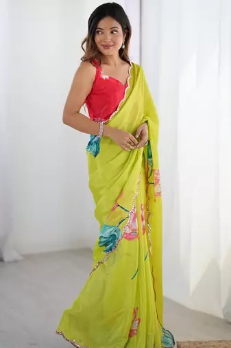 Green floral kutchi embroidery silk blend saree