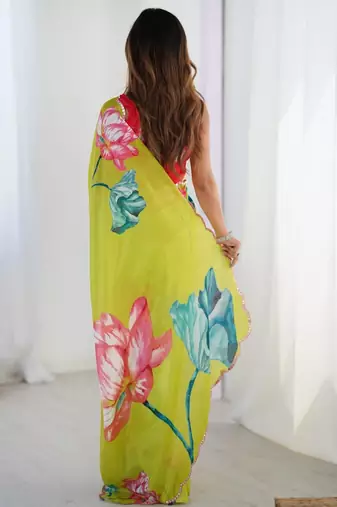 Green floral kutchi embroidery silk blend saree