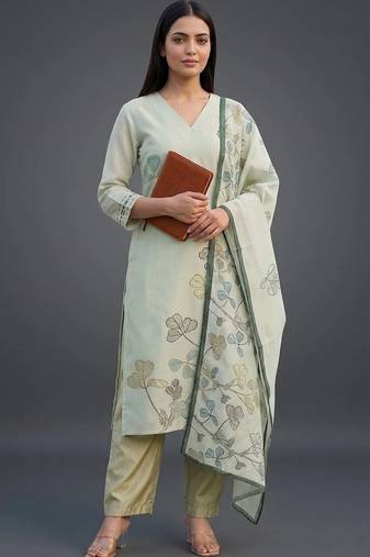 smart women printed kurta with trousers with dupatta