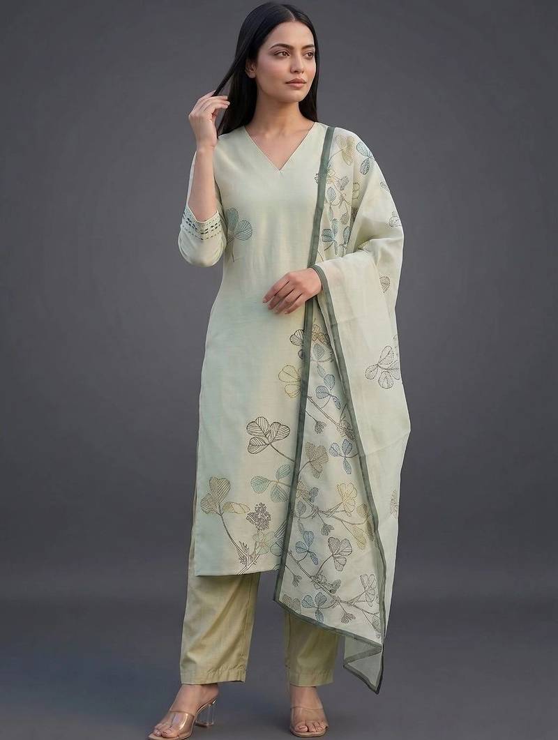 smart women printed kurta with trousers with dupatta