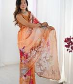 Orange floral kutchi embroidery silk blend saree