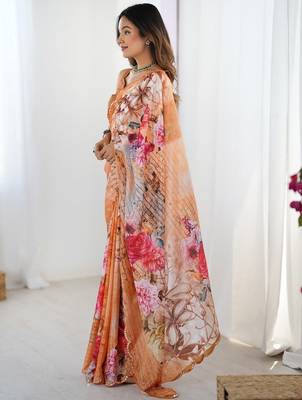 Orange floral kutchi embroidery silk blend saree 3