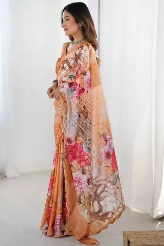 Orange floral kutchi embroidery silk blend saree