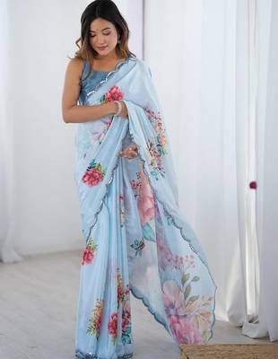 blue tie and dye mirror work silk blend designer saree 1