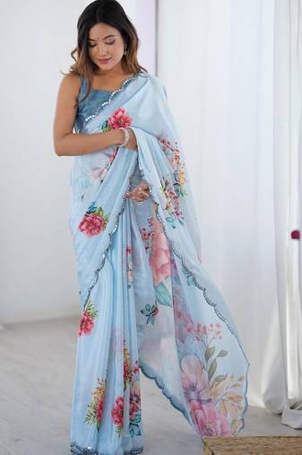 blue tie and dye mirror work silk blend designer saree