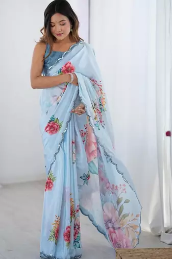 blue tie and dye mirror work silk blend designer saree