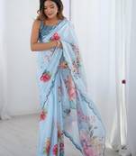 blue tie and dye mirror work silk blend designer saree