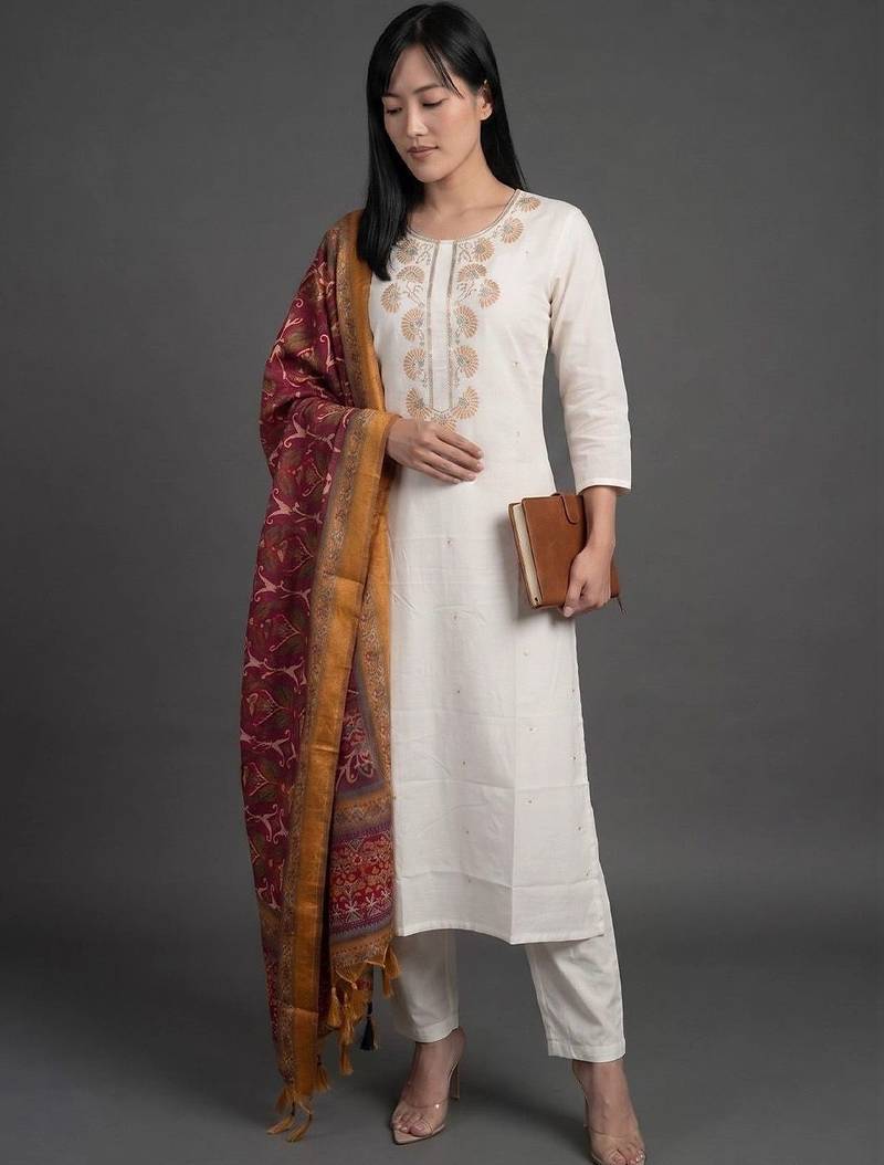 everyday workwear women embroidered kurta with trousers with dupatta