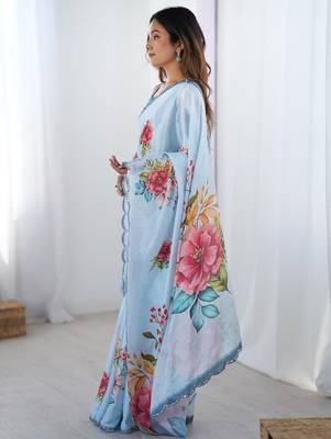 blue tie and dye mirror work silk blend designer saree 2