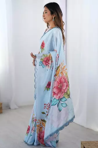 blue tie and dye mirror work silk blend designer saree