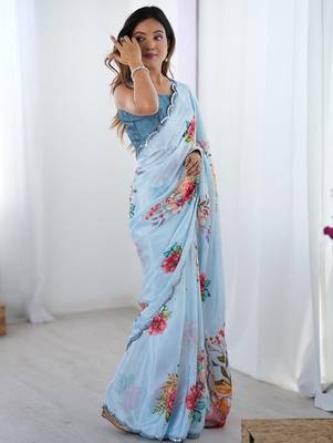 blue tie and dye mirror work silk blend designer saree 3