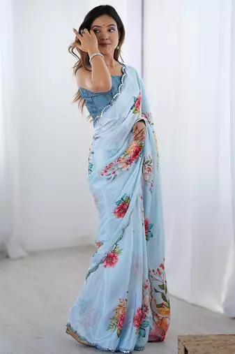 blue tie and dye mirror work silk blend designer saree