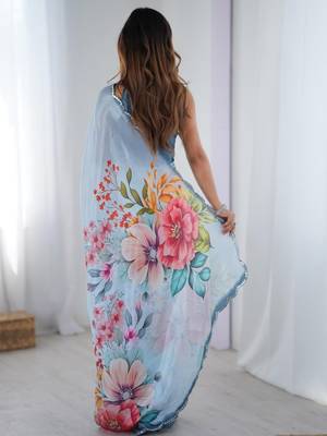 blue tie and dye mirror work silk blend designer saree 4