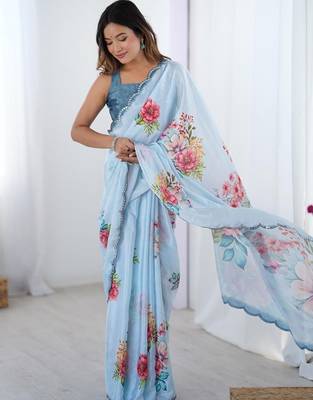 blue tie and dye mirror work silk blend designer saree 5