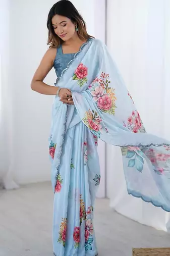 blue tie and dye mirror work silk blend designer saree