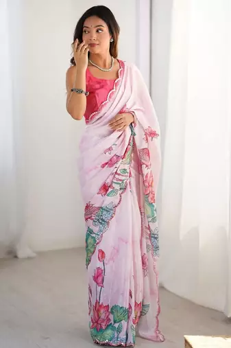 Pink tie and dye mirror work silk blend designer saree