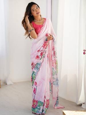 Pink tie and dye mirror work silk blend designer saree 2