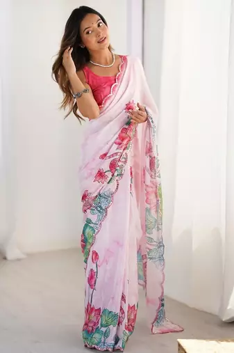 Pink tie and dye mirror work silk blend designer saree
