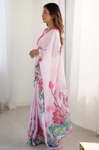 Pink tie and dye mirror work silk blend designer saree