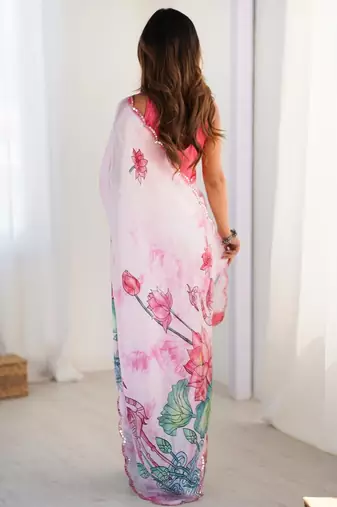 Pink tie and dye mirror work silk blend designer saree
