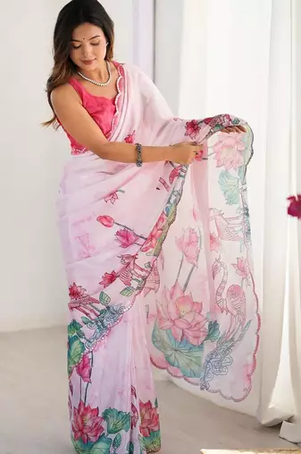 Pink tie and dye mirror work silk blend designer saree