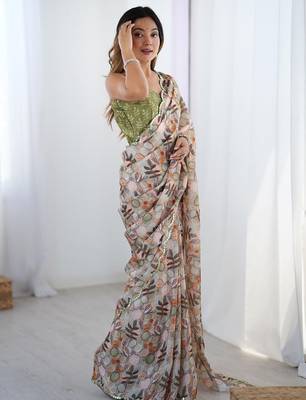 Beige floral kutchi embroidery silk blend saree 3