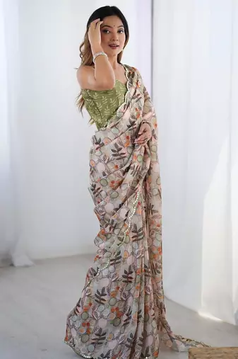 Beige floral kutchi embroidery silk blend saree