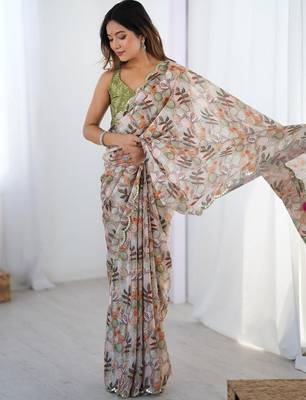 Beige floral kutchi embroidery silk blend saree 5