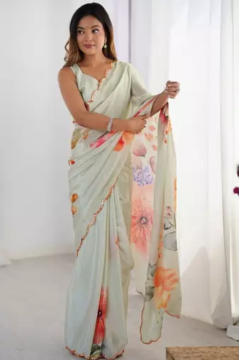 White floral printed kutchi mirror work lace border saree