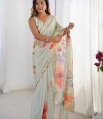 White floral printed kutchi mirror work lace border saree