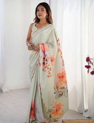 White floral printed kutchi mirror work lace border saree 2