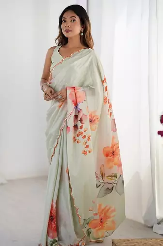 White floral printed kutchi mirror work lace border saree