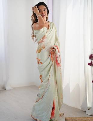 White floral printed kutchi mirror work lace border saree 3
