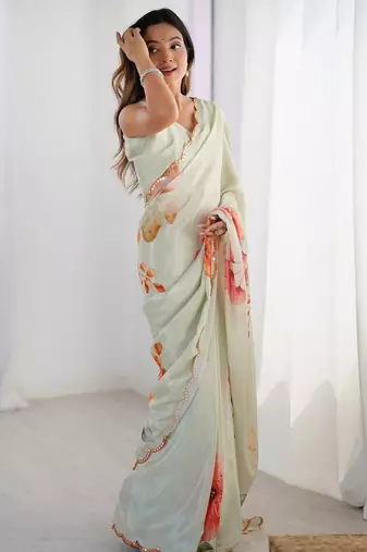 White floral printed kutchi mirror work lace border saree