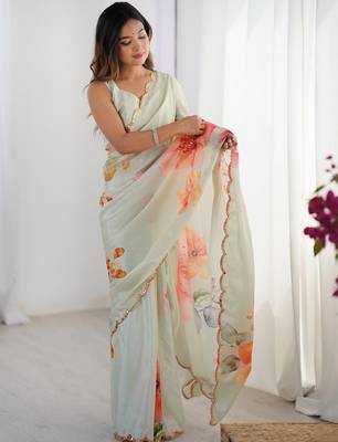 White floral printed kutchi mirror work lace border saree 5