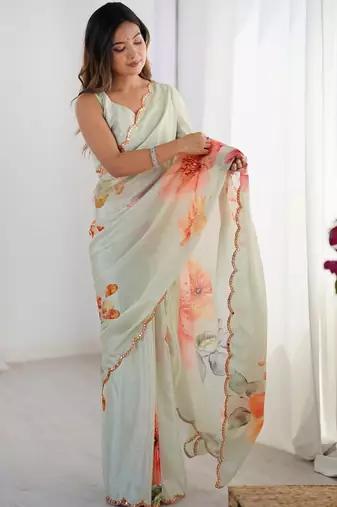White floral printed kutchi mirror work lace border saree