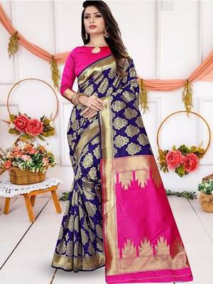 Blue woven design zari art silk banarasi saree 1